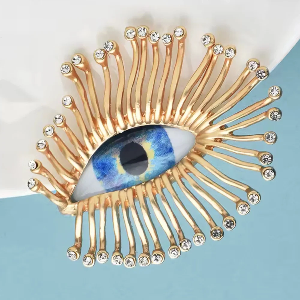 Mystic Gaze Gold Sunburst Crystal Blue Eye Motif Brooch - Picture 8 of 10